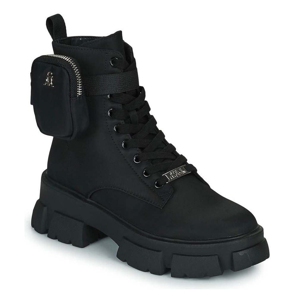 Steve Madden Black Lace-Up Platform Combat Boots with Detachable Pouch